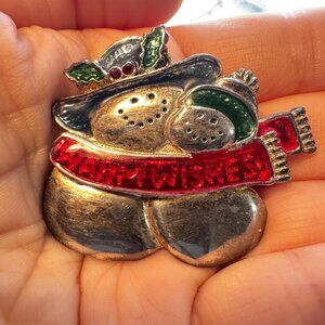TC Vintage Warm Wishes Snowman Brooch Holiday Christmas Pin Red Scarf Holiday